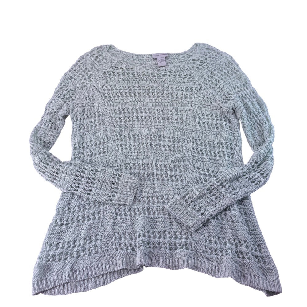 Soft Surroundings Mint Green Open Knit Crochet Sweater Sharkbite Hem 26487 Large
